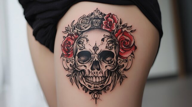 A woman has a tattoo of a skull with roses on her leg
