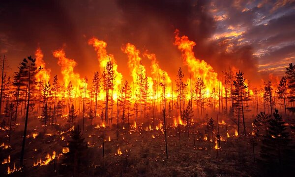 Intense wildfire engulfing a forest at sunset, showcasing flames and smoke amidst trees