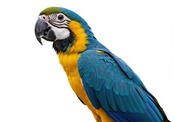 A vibrant blue and gold macaw parrot perched against a stark white background in a close up view
