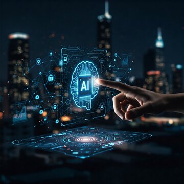 Hand gently touching an AI circuit board, symbolizing the power and potential of artificial intelligence in the digital economy.