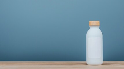 A small glass bottle with a blank label and wooden cap sits on a wooden surface against a blue background.