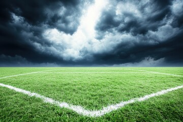 Obraz premium Dramatic soccer field under stormy sky