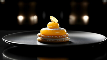 Exquisite gourmet dessert, layered orange pastry with lemon zest, elegant presentation on a dark plate, fine dining, delicious treat.