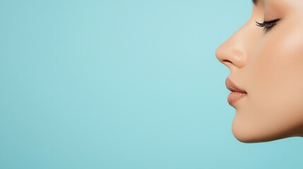 Naklejka premium Side profile of a woman with smooth skin and natural makeup against a light blue background.