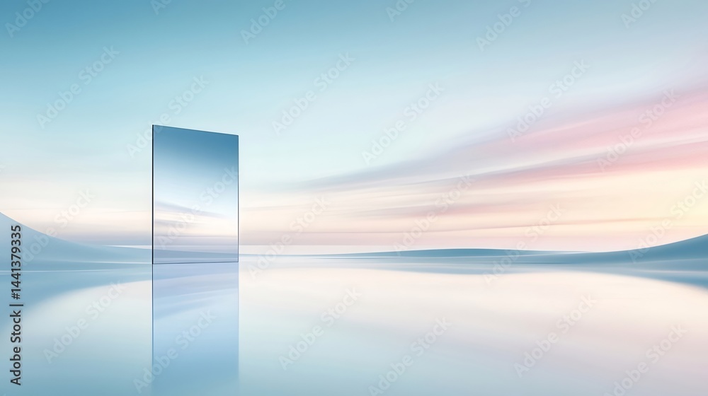 Poster 静かな水面と空にそびえる鏡のような構造の抽象的な風景 朝焼けと夕焼けの色合いが美しいパノラマ