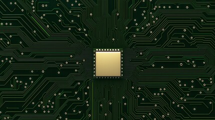 A gold microchip is centered on a green printed circuit board with intricate lines and connections.