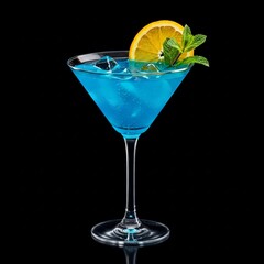 Decoration for a cocktail of orange and mint. Elegant and original presentation. Martini Blue Curacao on a black background