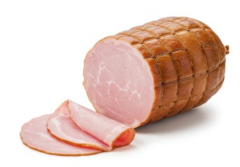 A sliced ham roll with netting and three slices cut off on a white background in a studio shot