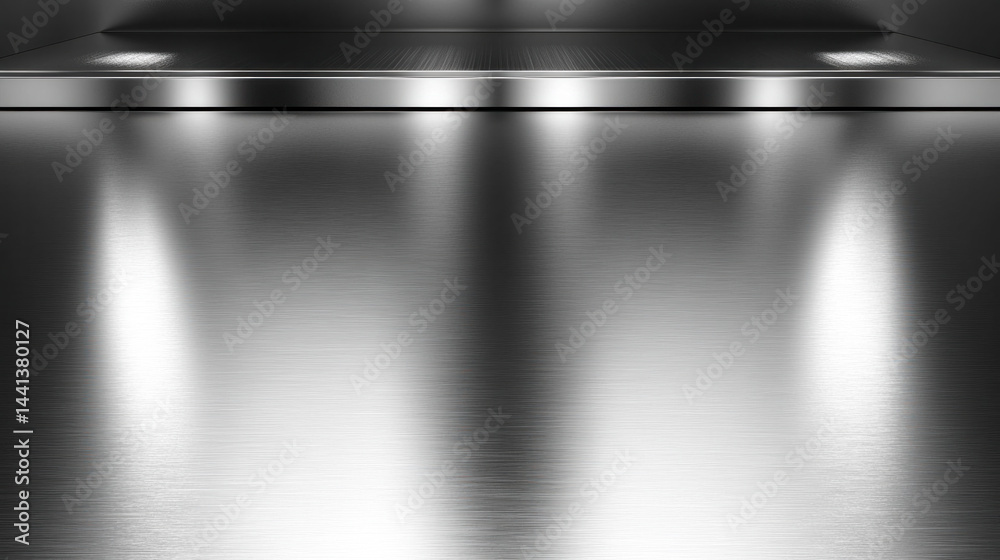 Poster a shiny silver surface with a reflection of lights. the surface is smooth and shiny, and the lights 