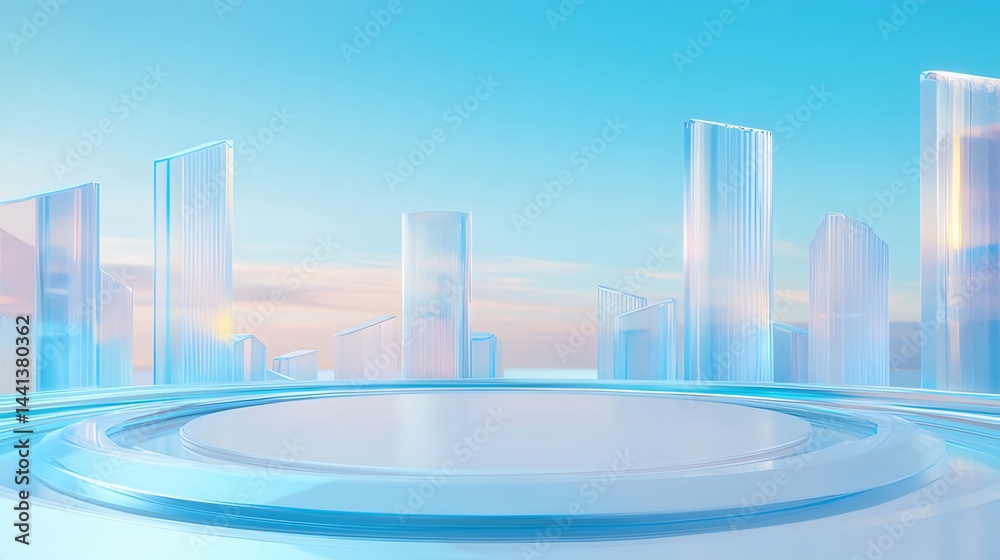 Aufkleber 青い空と未来的なガラス建築の抽象的な都市景観の3dレンダリングデザイン