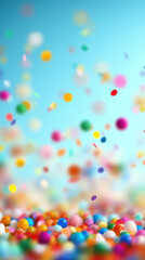 A colorful explosion of confetti is scattered across a blue background. The confetti is made up of various colors and sizes, creating a vibrant and lively atmosphere. Concept of celebration and joy