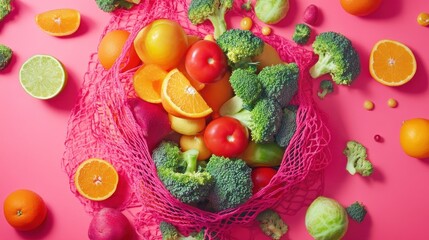 Colorful fresh produce in a pink mesh bag