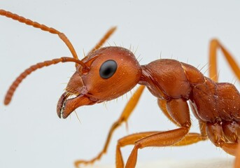 A detailed close up of a red ant showing its head mandibles and antennae on a white background