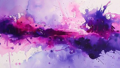 abstract watercolor painting with vibrant splashes and drips of purple, pink, and violet hues blending together in dynamic horizontal streaks, evoking a sense of energy and fluidity