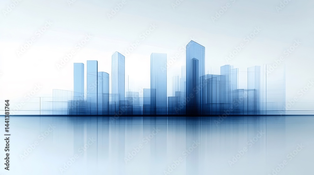 Aufkleber 青色ガラス建築都市景観 水面反射光と影 未来的な抽象的背景