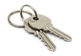 A close up shot of two metal keys attached to a silver keyring on a plain white background surface
