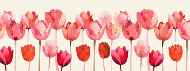 Obraz premium Stylized illustration of various tulip flowers in shades of red, pink, and coral with long slender stems arranged in two horizontal rows against a light background