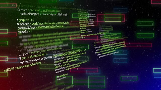 Floating code snippets layering across cyberspace while neon rectangles highlighting digital rain