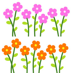 Cute Cartoon Flower Bushes — Pink and Orange Blossoms on Green Stems