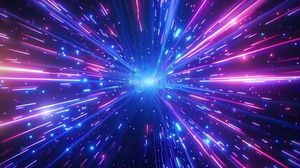 Obraz premium Bright neon light streaks radiating from a central point creating a dynamic sense of speed and energy in vibrant pink, purple, and blue hues against a dark background