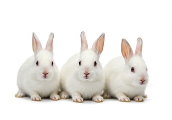 Fototapeta premium Three white rabbits sitting side by side on a white background looking directly at the camera shot closeup