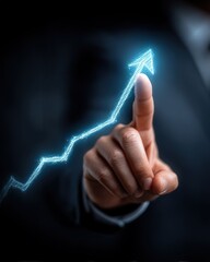 Close-up of a glowing upward sales graph on a transparent screen held by a stylish businessperson, futuristic tech setting, sharp and high-resolution.