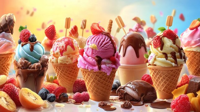 Assorted ice cream treats in cones and cups, drizzled with chocolate and topped with fresh berries - Powered by Adobe