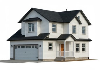 A two story house with white siding and a black roof on a white background with a garage door visible