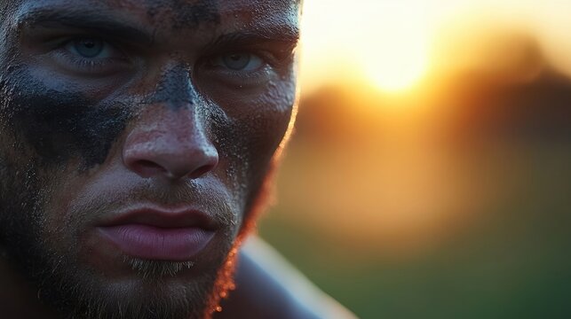 Intense close-up of a man with camouflage paint, looking directly at the viewer.