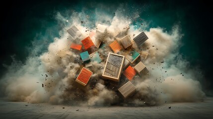 Colorful wooden blocks explode in a dramatic cloud of dust