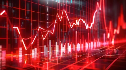 Naklejka premium Dynamic red and white glowing financial charts and graphs with fluctuating line graphs and vertical bar indicators on a dark grid background, depicting market activity and volatility