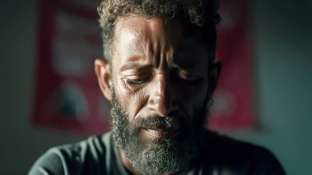 A thoughtful portrait of a man with a beard shows his intense gaze and weathered face, guilty man, confession, prisoner, man talking to camera