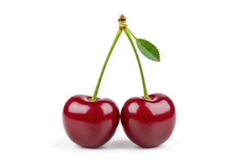Two cherries connected by stems and a leaf on a white background close up studio shot image