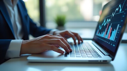 Cyber interface background with digital financial dashboard on laptop