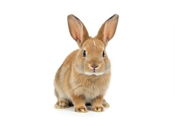 A light brown rabbit with long ears sitting upright against a stark white background in a studio shot