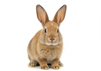 Obraz premium A light brown rabbit with long ears sitting upright against a plain white studio background looking forward