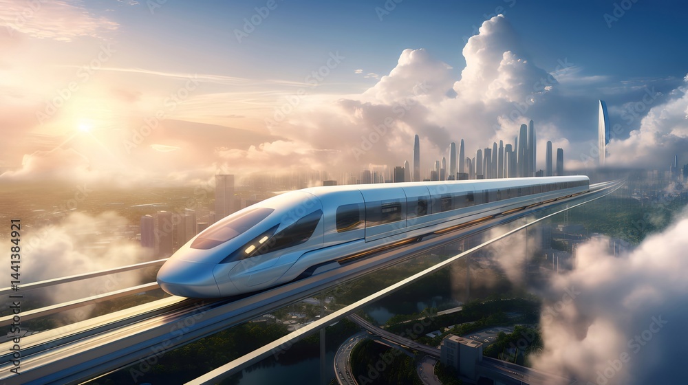 Poster 高架鉄道の光景 輝く雲の都市景観と未来的な高速交通機関