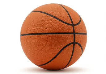 A close up shot of a single orange basketball with black lines on a white background in studio lighting