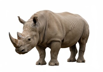 A full body shot of a rhinoceros standing on a white background in a studio setting showing details
