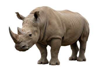 A large rhinoceros standing on a white background with its horns clearly visible and facing forward now