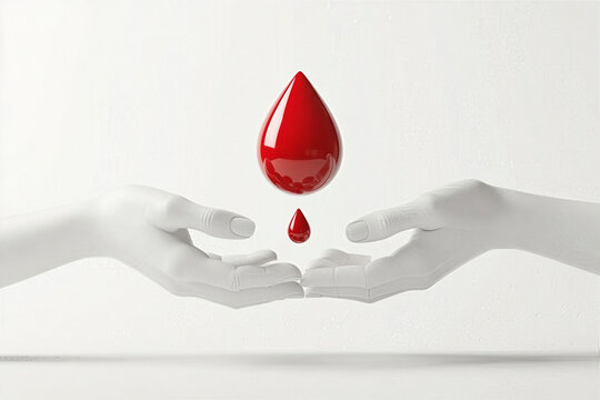 Symbolic image of hands holding and protecting blood drops for International Thalassaemia Day Conceptual artwork representing care and support for thalassaemia patients