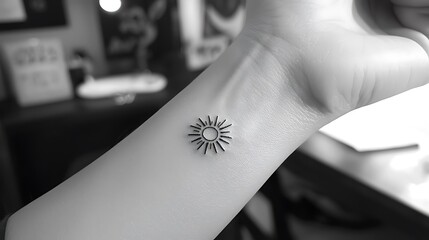 A hand holding a wrist with a sun tattoo on it