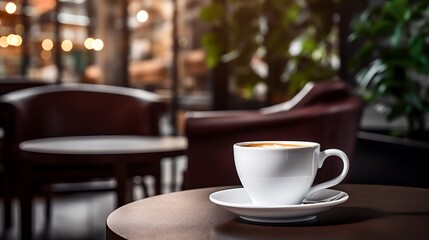 Fototapeta premium Coffee Cup on Wood Table in Cafe, White Ceramic, Spoon, Delicious Espresso