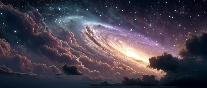 A majestic spiral galaxy emerges through layered cloud formations at night, filmed with a slow zoom and parallax starfield to enhance cosmic wonder