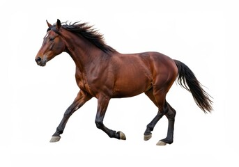Obraz premium A brown horse with a black mane and tail running on a white background in a studio setting view side
