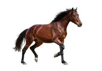 Obraz premium A brown horse in motion isolated on a white background showcasing its elegant and powerful stride