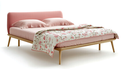 A bed with a pink comforter and pink pillows