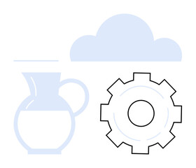 Jug holding liquid, cloud, and gear representing harmony between fluidity, nature, mechanics, and creativity. Ideal for themes thumbs up innovation, eco-design, technology business sustainability