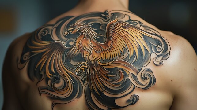 A man has a tattoo of a golden bird on his back