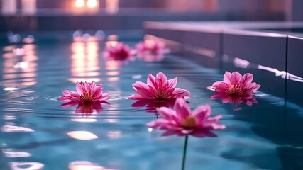 Serene water garden featuring pink lotus flowers gently floating on calming waters in a soft light environment evoking tranquility